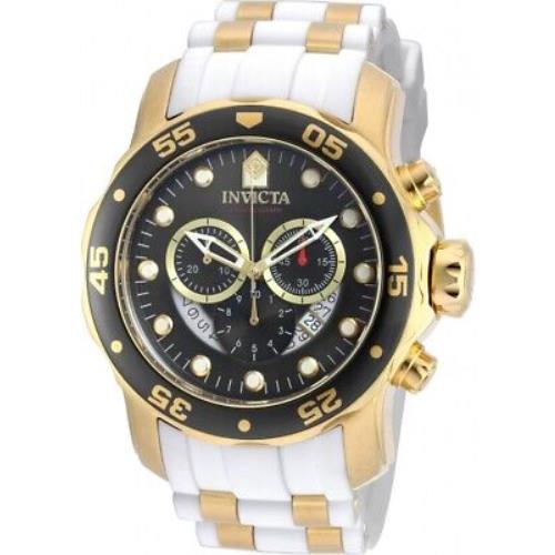 Invicta Pro Diver Chronograph Mop White Polyurethane Men`s Watch 20289 - Dial: Black, Band: White, Bezel: Yellow Gold-plated
