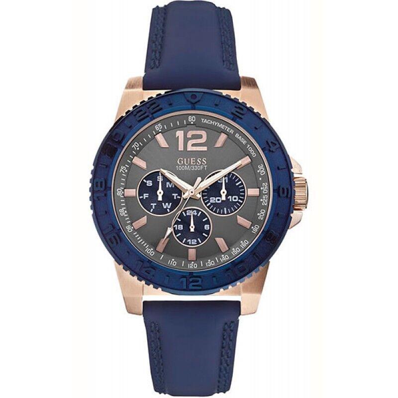 Guess 2 Tone Rose Gold+spark Navy Royal Blue Leather Band Watch W0242G3
