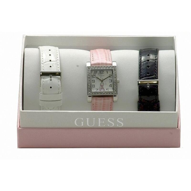 Guess White Pink Black Leather Bands+silver Breast Cancer Watch Set W0032L2