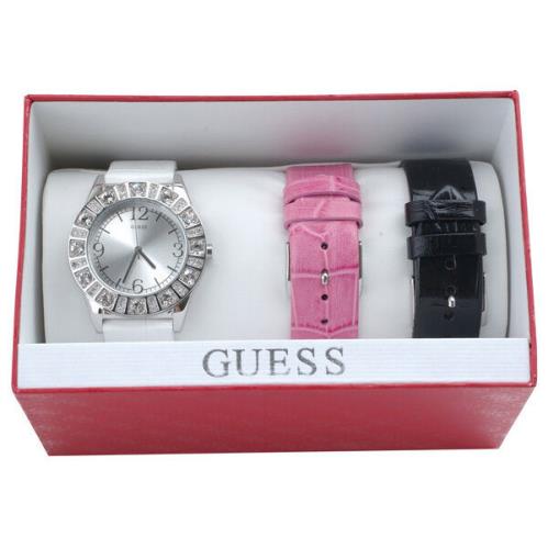 Guess White Black Pink Leather Interchangeable Band+silver Watch Set WI95263L1