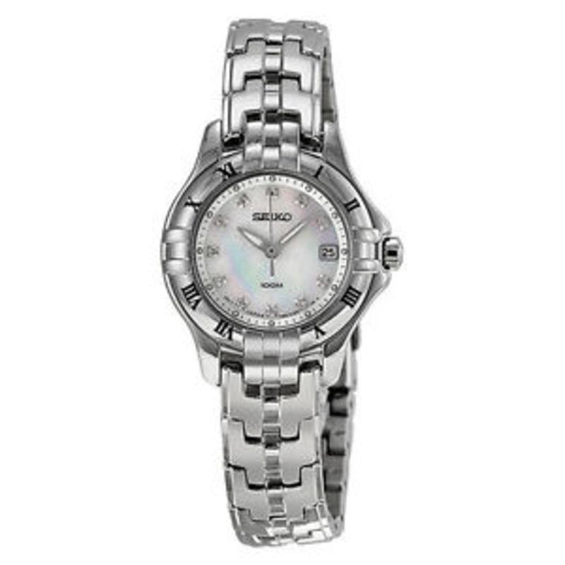 Seiko White Mop Dial Date 11 Diamonds Stainless Steel Women`s Watch SXDA31