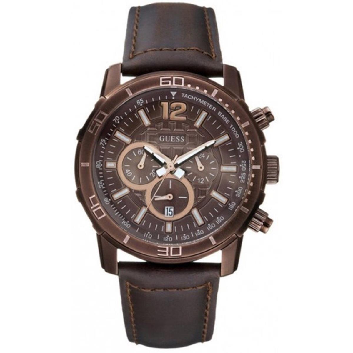 Guess Brown Leather+bronze Rose Gold Tone Chronograph+tachymeter Watch U16002G1