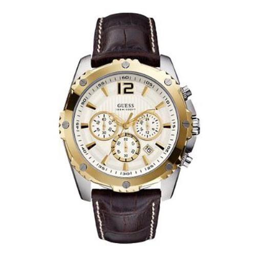 New-guess Silver+gold Tone Brown Leather Band Chronograph WATCH-U0166G4
