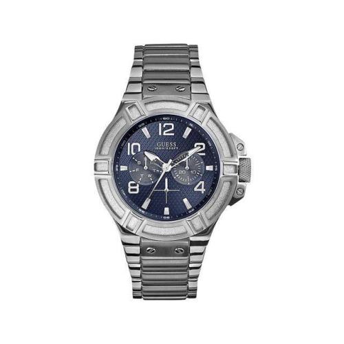 Guess Silver Tone Stainless Steel Bracelet Band Blue Dial WATCH-U0218G2