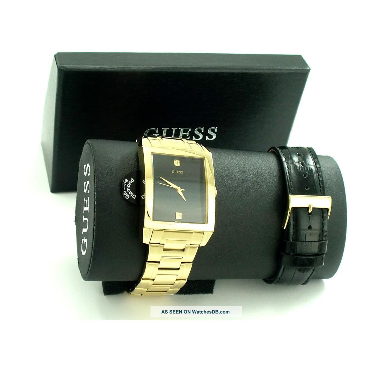 Guess 2 PC Set Gold Tone S/steel Black Leather Band Diamond Accent Watch U0206G1