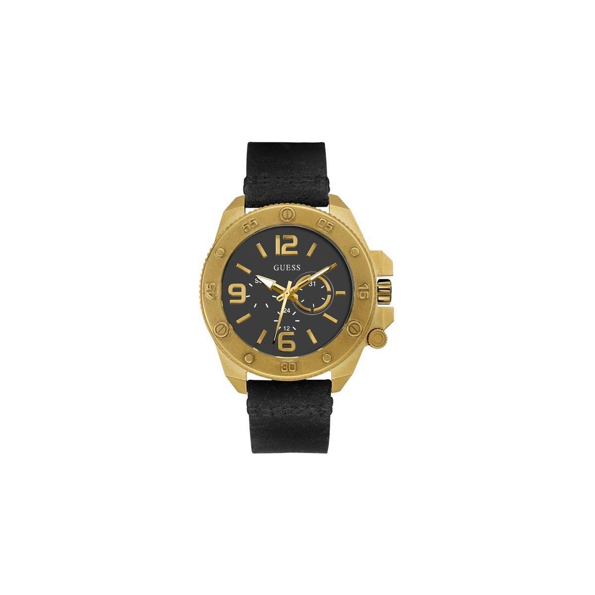 Guess Brass Gold Black Leather Band Multifunction Large Watch U0659G2