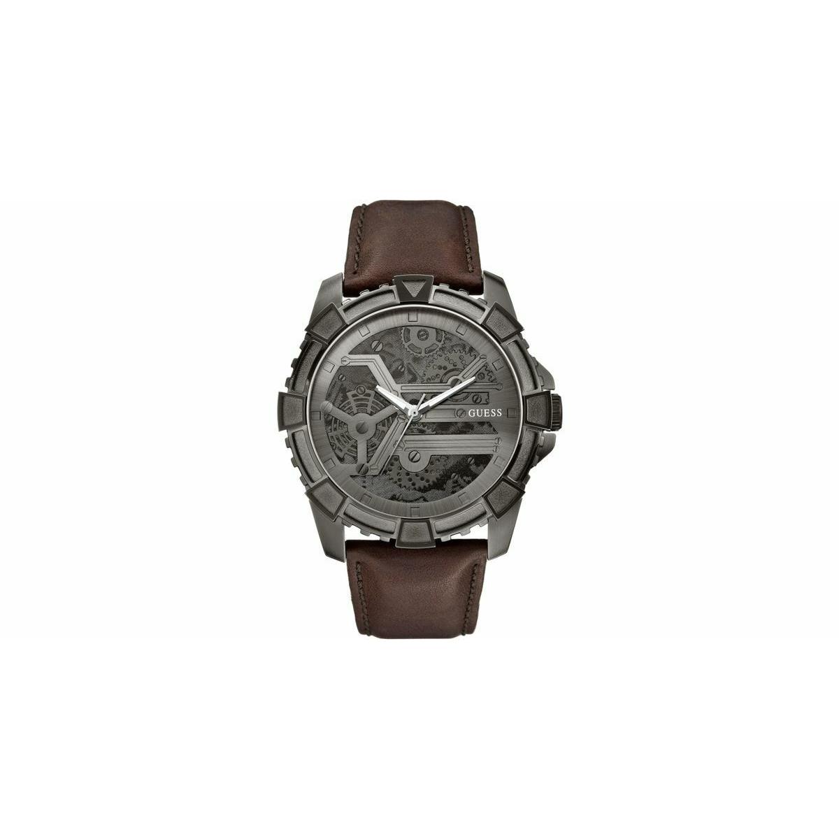 Guess Gunmetal Gray Tone Brown Leather Band Mechanical Looks Watch U0274G1