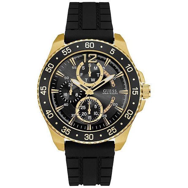 Guess Gold Tone Black Silicone Band Black Dial Multifunction WATCH-U0798G3