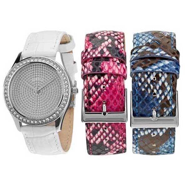 Guess White Blue Pink Python Leather Band Crystal Bezel Watch Set Watch W0164L1
