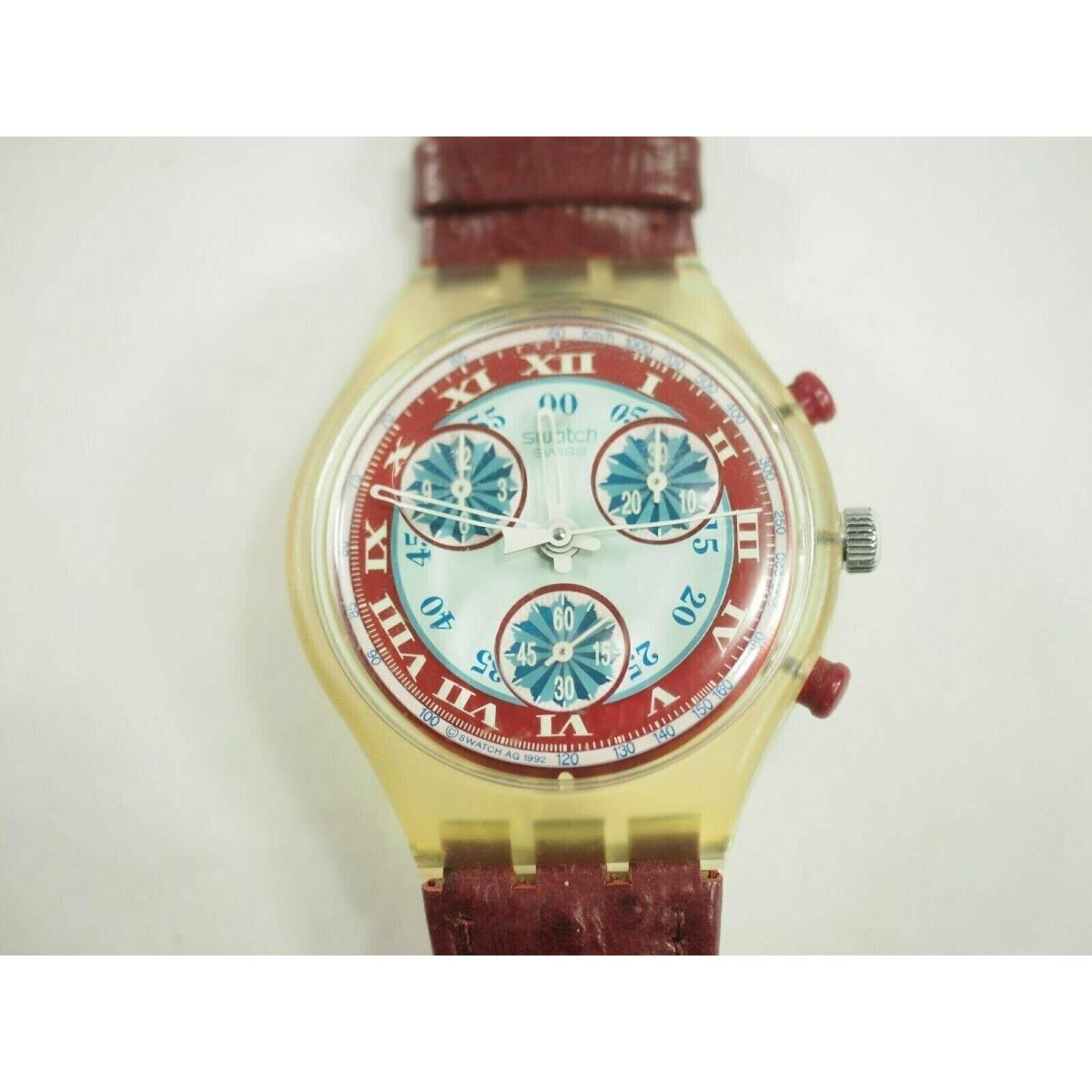 Swatch Watch Chronograph Brown Leather Band 22 Jewel 328 Case