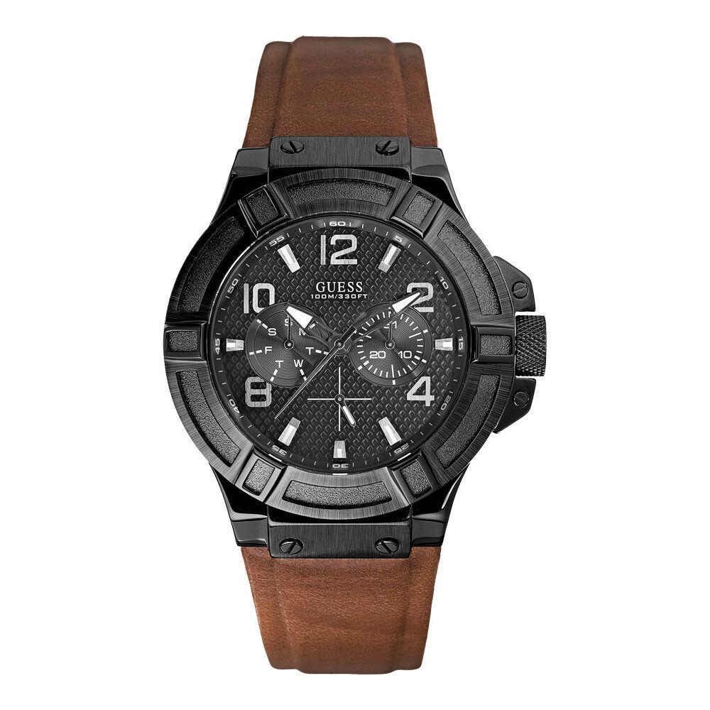 Guess Black Tone Saddle Brown Leather Band Multi Function WATCH-W0040G8