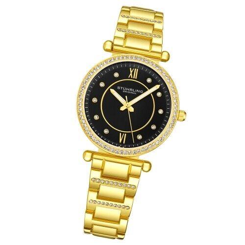 Stuhrling 3906 3 Symphony Quartz Crystal Accented Bracelet Womens Watch - Dial: Black, Band: Gold