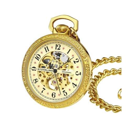 Stuhrling 979 03 Consul Mechanical Skeleton Mens Pocket Watch - Face: Yellow Gold