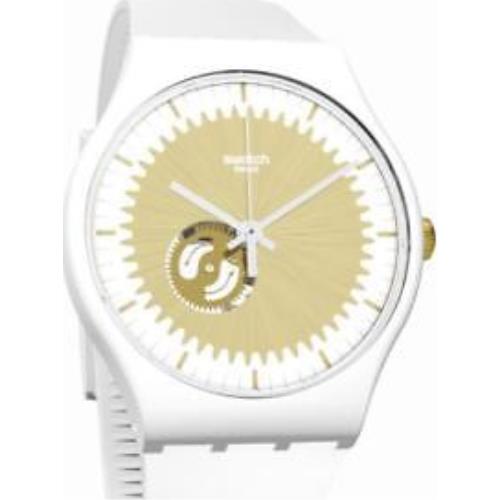 Swatch Originals Sunsplash Gold Skeleton Dial White Silicone Watch 41mm SUOW144