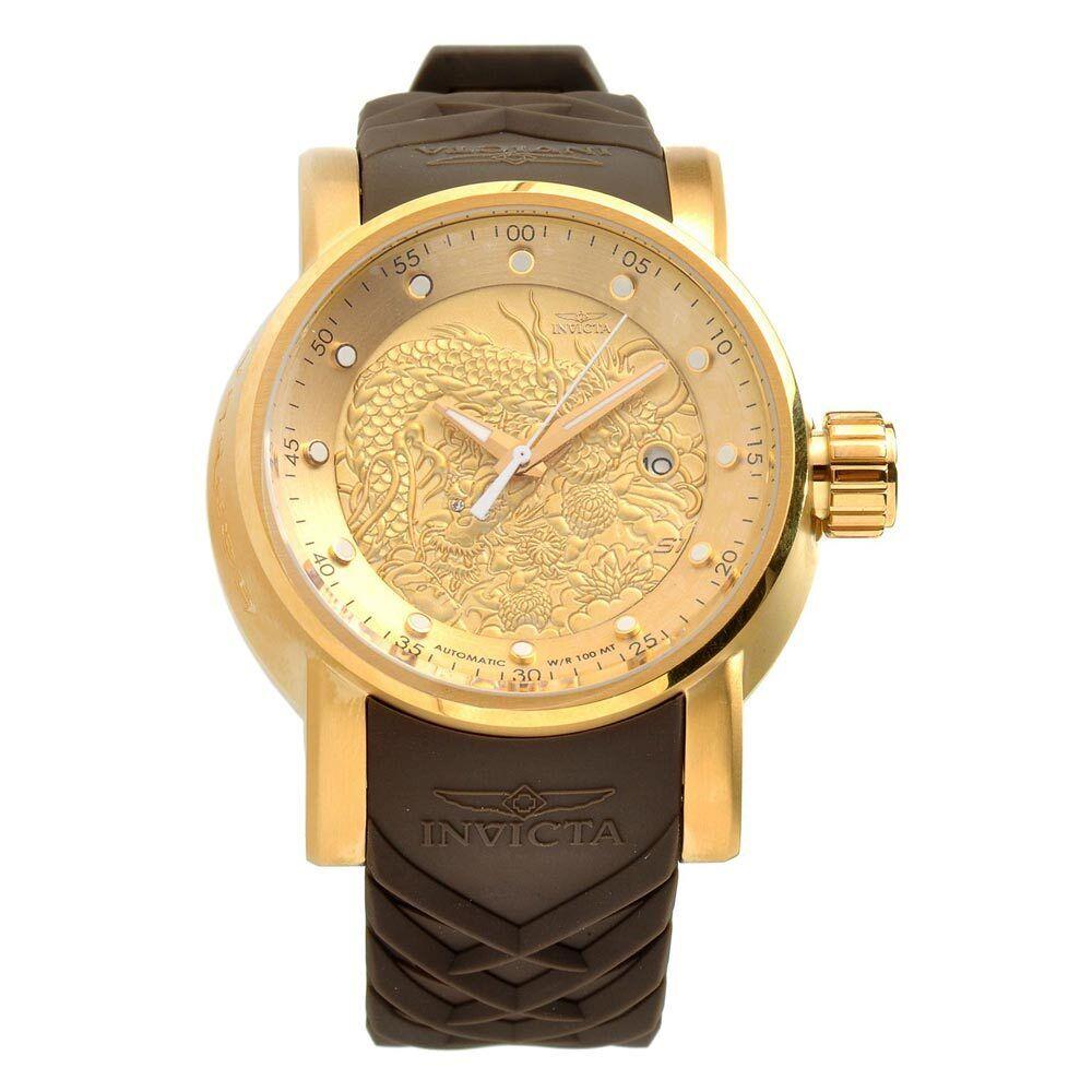 Invicta Men`s Watch S1 Rally Automatic Gold Tone Dial Brown Rubber Strap 12790 - Dial: Gold, Band: Brown