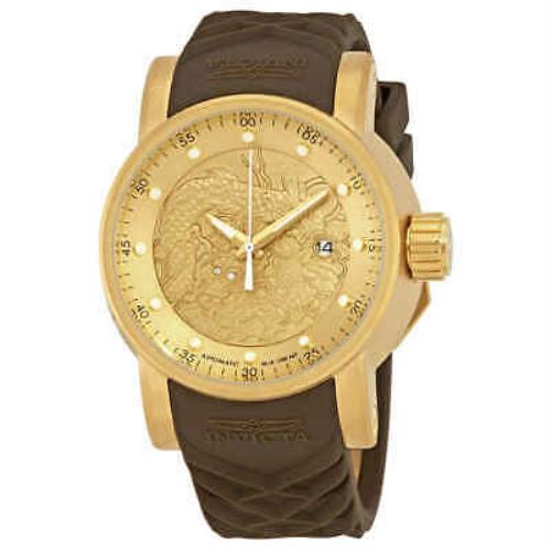 Invicta S1 Rally Automatic Dragon Gold Dial Brown Leather Men`s Watch 12790 - Dial: Gold, Band: Brown, Bezel: Gold-plated