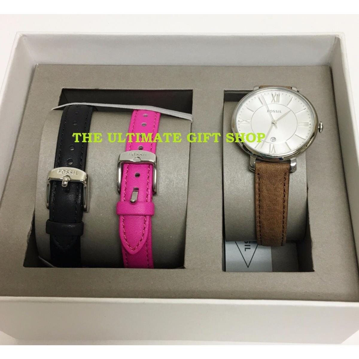 Fossil 3 PC Set Silver Tone Black+brown+pink Leather Band WATCH-BQ2177SET