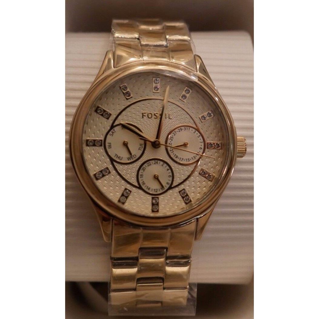 Fossil WT Box Women`s Fossi BQ1563 Stainless Steel Watch Yellow Gold Tone Date Day