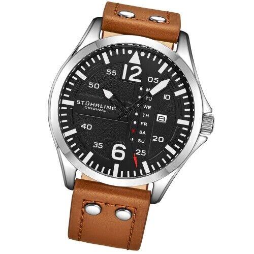 Stuhrling 3916 2 Aviator Day Date Brown Leather Strap Mens Watch