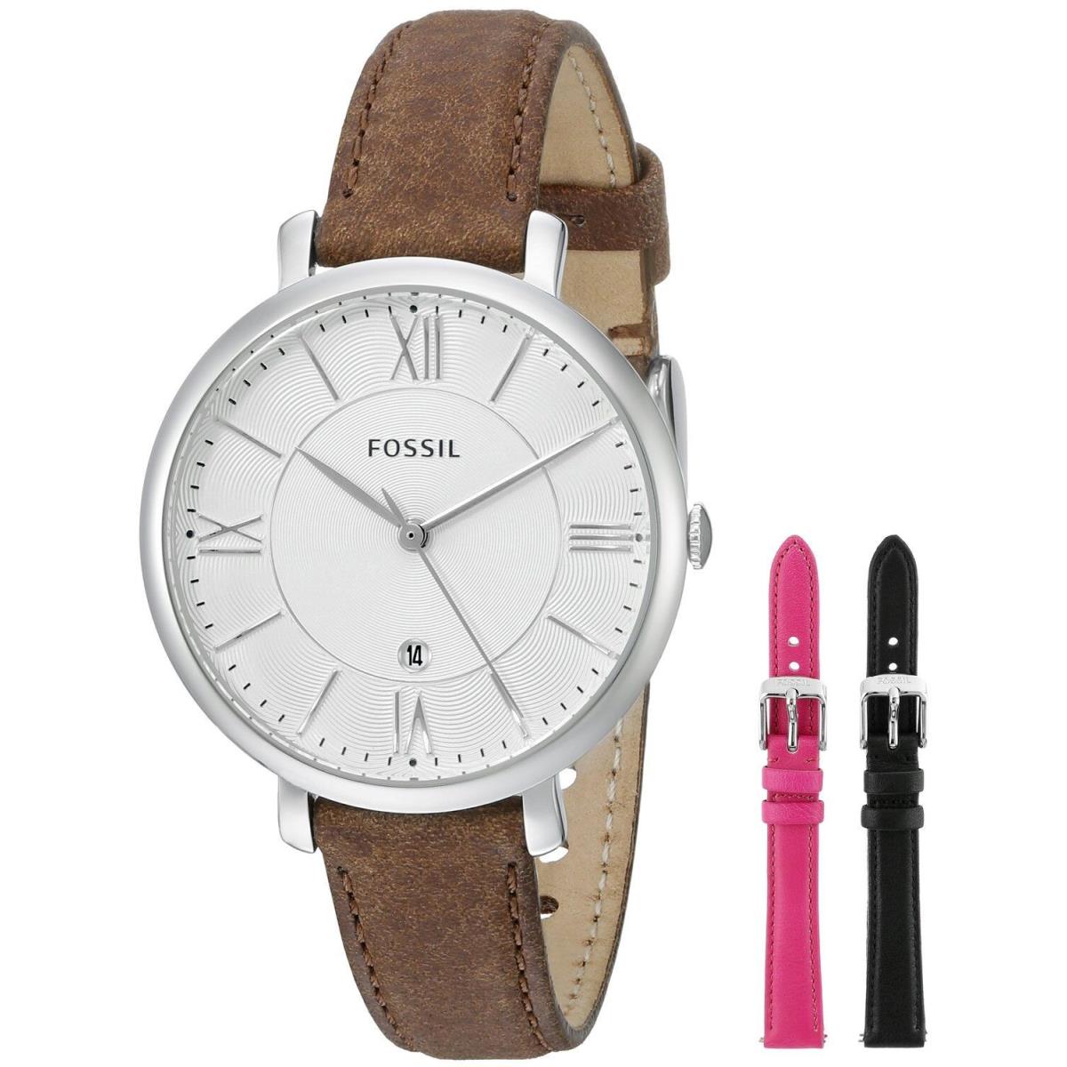 Fossil Jacqueline 3 PC Set Silver Black+brown+pink Leather Band WATCH-ES3869SET