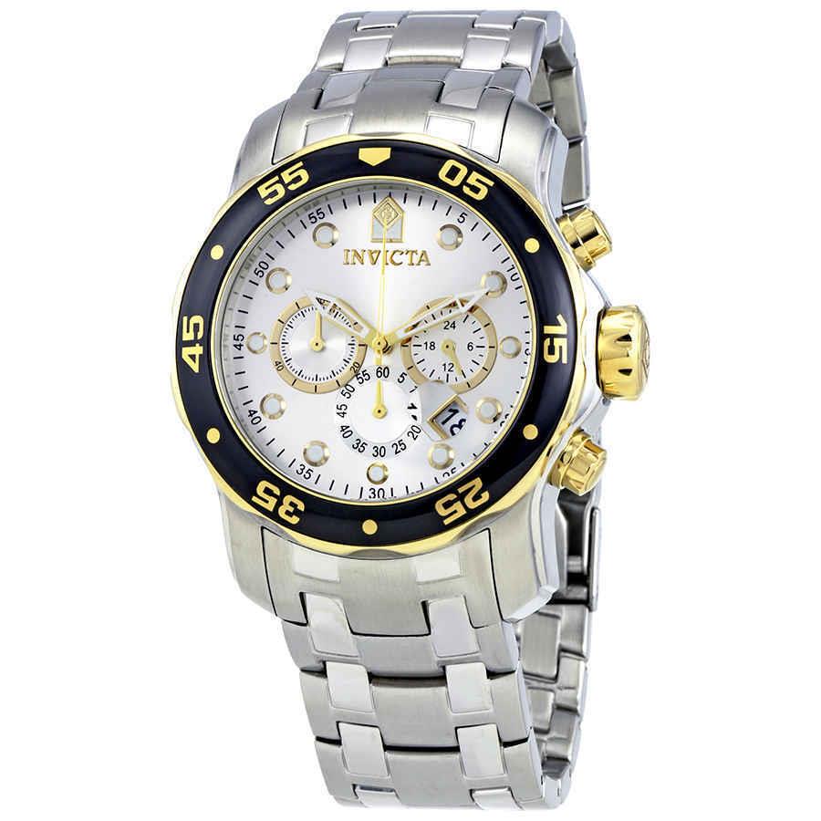 Invicta Pro Diver Chronograph Silver Dial Men`s Watch 80040 - Dial: Silver, Band: Silver, Bezel: Gold, Black