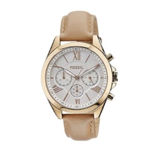 Fossil Rose Gold Tone Roman Numbers Beige Mauve Leather Band Watch BQ3003