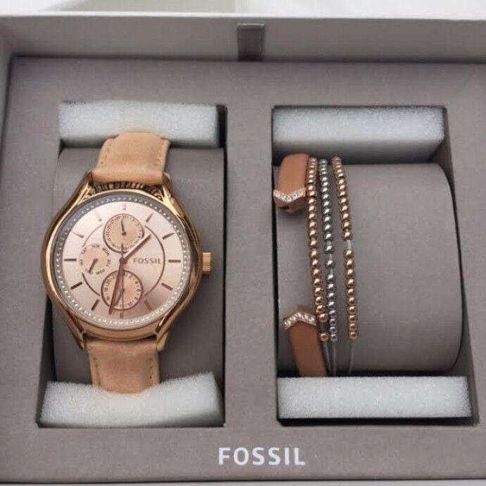 Fossil 3 PC Set Rose Gold Tan Leather Band Crystal WATCH+2 BRACELETS-BQ3154SET