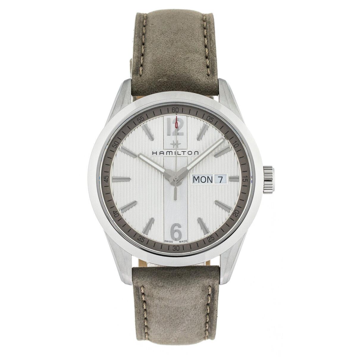 Hamilton Broadway Day Date Silver Dial Gray Leather Band Quartz Watch H43311915 - Silver Dial, Gray Band, Silver Bezel