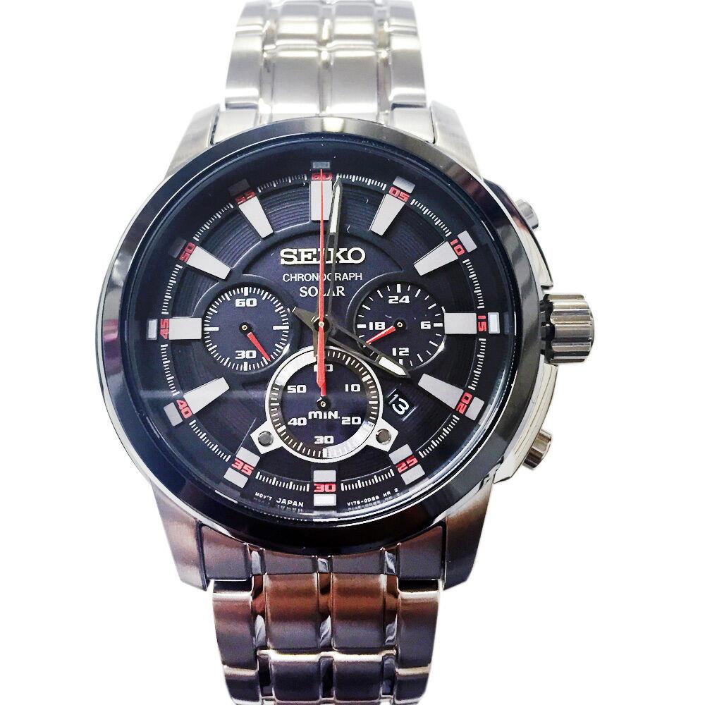 Seiko SSC389 Chronograph Solar Stainless Black Dial Men`s Watch