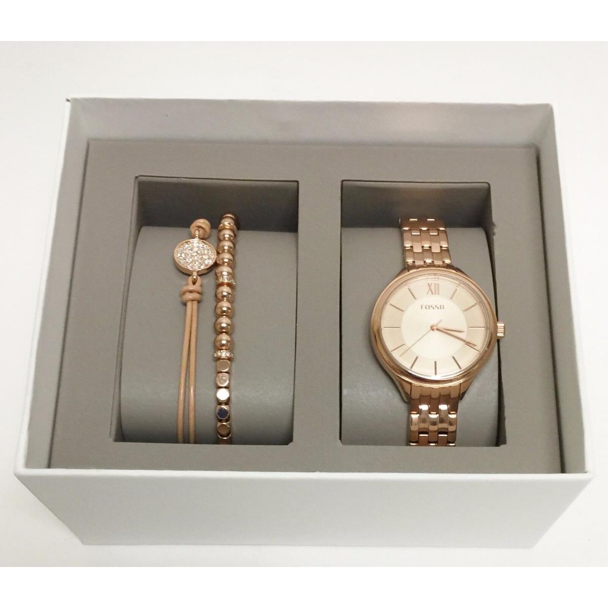 Fossil 3 PC Set Rose Gold Tone Roman S 2 Bracelets Crystal WATCH-BQ3078SET