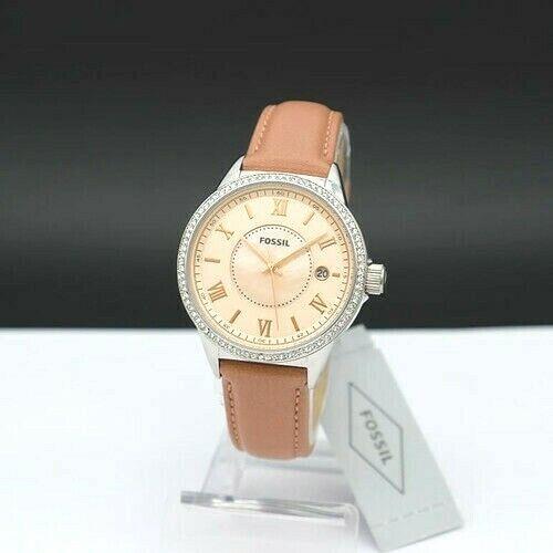 Fossil Rose Gold Leather Band+silver Tone Mop Roman Crystal Dial Watch BQ1110