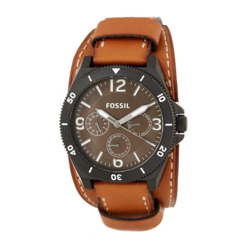 Fossil Black Tone Brown Luggage Cuff Band Multifunction Watch BQ2054