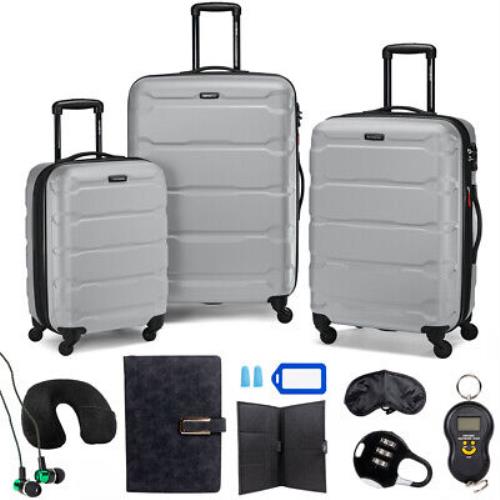 Samsonite Omni Hardside Nested Luggage Spinner Set Silver w/ 10pc Accessory Kit