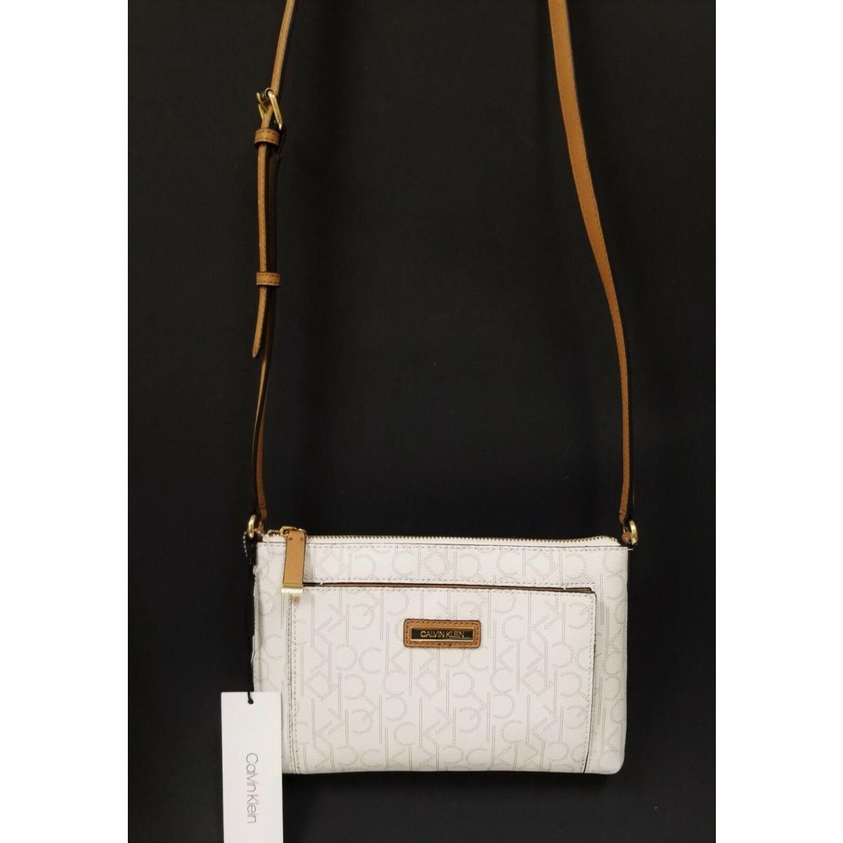 Calvin Klein Off White+brown Pvc Logo Gold Top Zip Crossbody Shoulder Bag