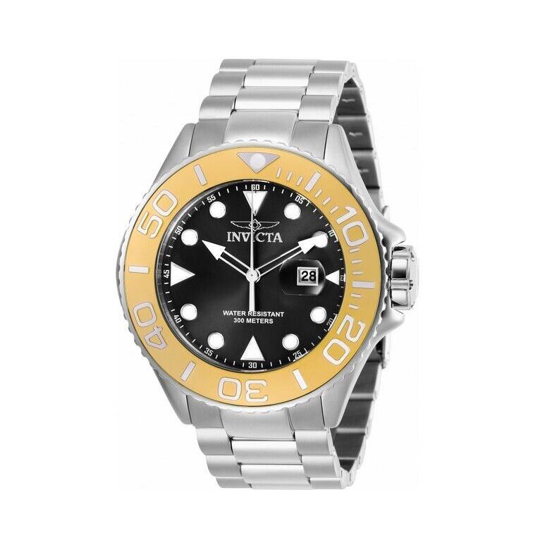 Invicta Men`s Watch Pro Diver Gold Tone Bezel Black Dial Steel Bracelet 28767