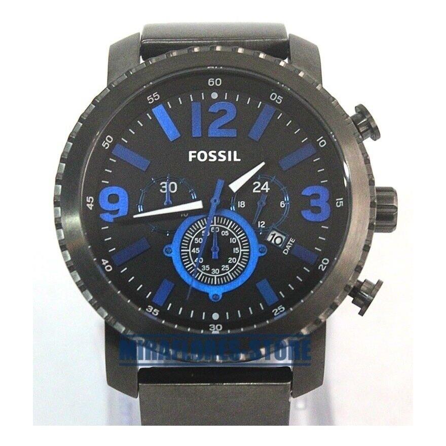 Fossil Gunmetal Tone Blue Accent Chronograph Large Bracelet Watch BQ2114