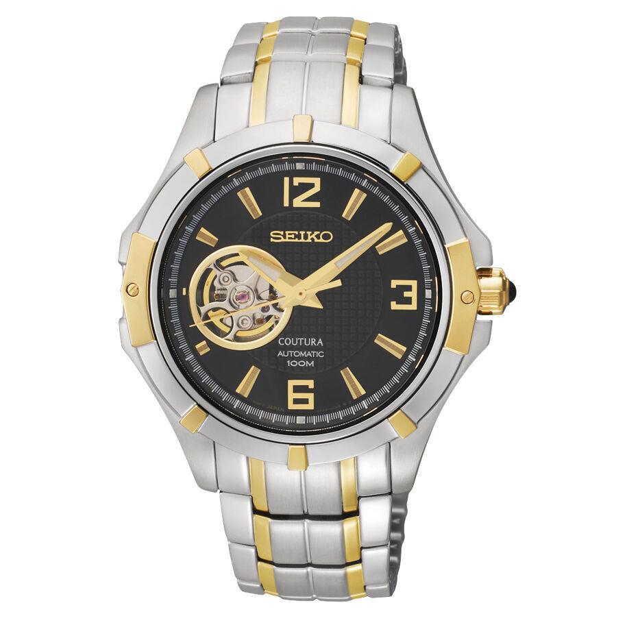 Seiko SRP318 Men`s Coutura Two Tone Automatic Partial Skeleton Dial Watch - Dial: Black, Band: Gold & Silver