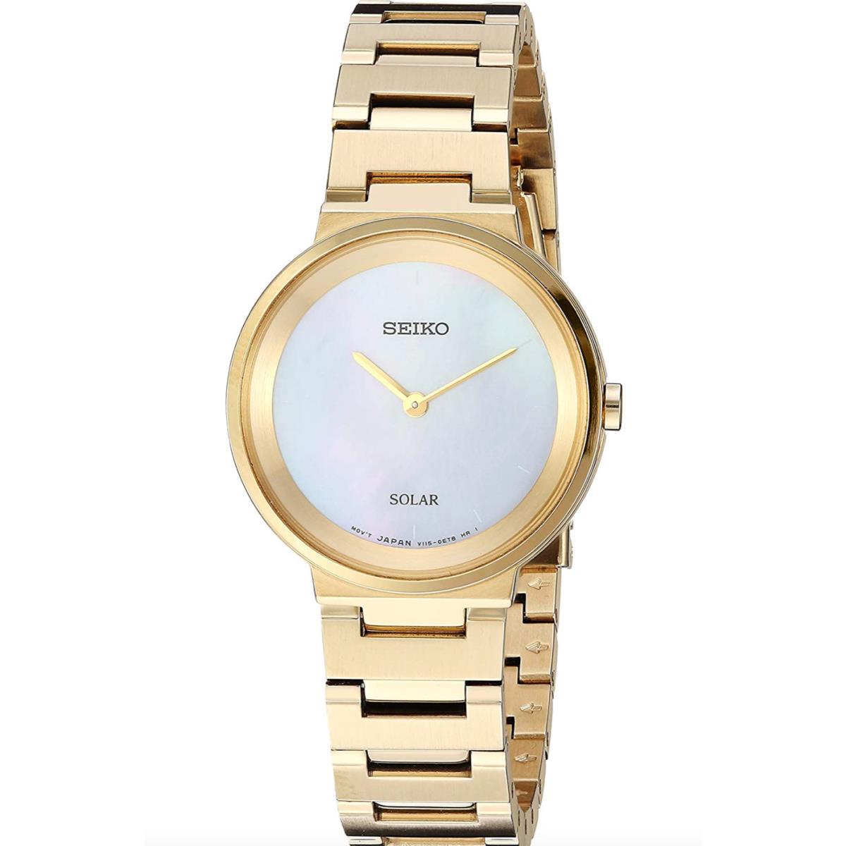 Seiko Core SUP386 Gold Tone Stainless Steel Mop Dial Quartz Solar Women`s Watch