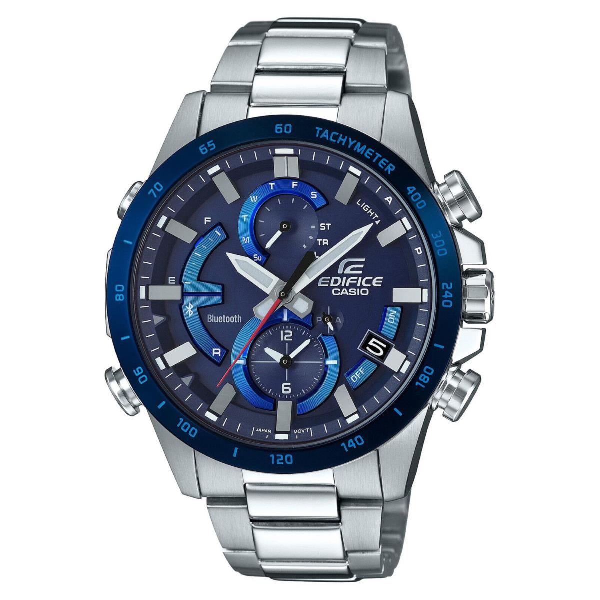 Casio Edifice EQB900DB-2A Smartphone Link Solar Power Stainless Steel Mens Watch - Blue Dial, Silver Band, Blue Manufacturer Face