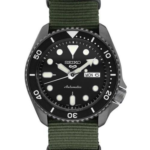 Seiko SRPD91P9 5 Sport Black Ion / Green Nylon Strap Ship