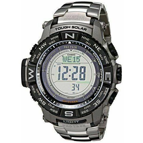 Casio PRW3500T-7 Gent`s Digital Grey Dial Titanium Bracelet Watch - Face: Grey, Dial: Red, Silver, Black, Clear, Band: Silver, Multicolor