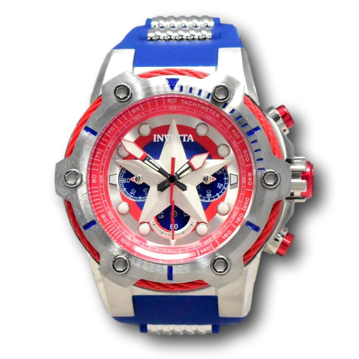 Invicta Marvel Captain America Mens 51mm Limited Bolt Chronograph Watch 26894 - Dial: Blue, Multicolor, Red, Silver, White, Band: Blue, Silver, Bezel: Red, Silver