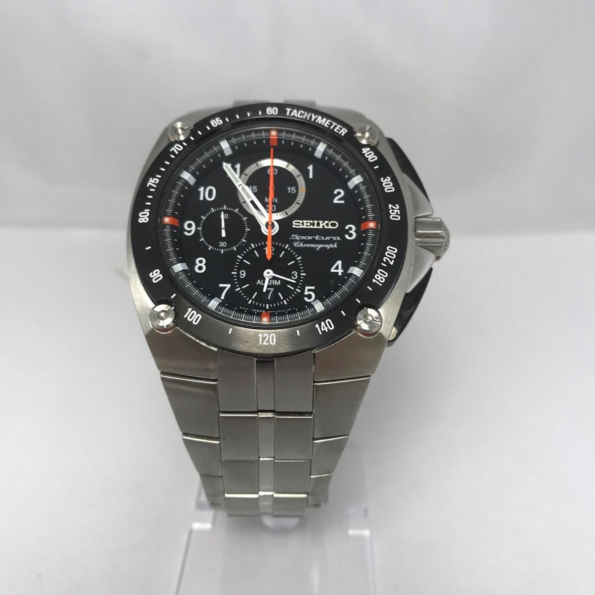 Seiko Snad23 Men`s Sportura Chronograph Alarm Blk Dial Steel Bracelet Collectors