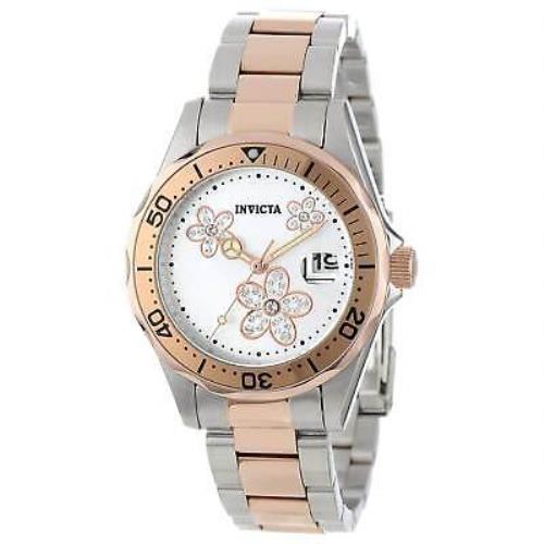 Invicta 12507 Women`s Pro Diver Two Tone Bracelet Silver Dial Steel Date Watch - Silver Dial, Multicolor Band, Rose Gold Bezel
