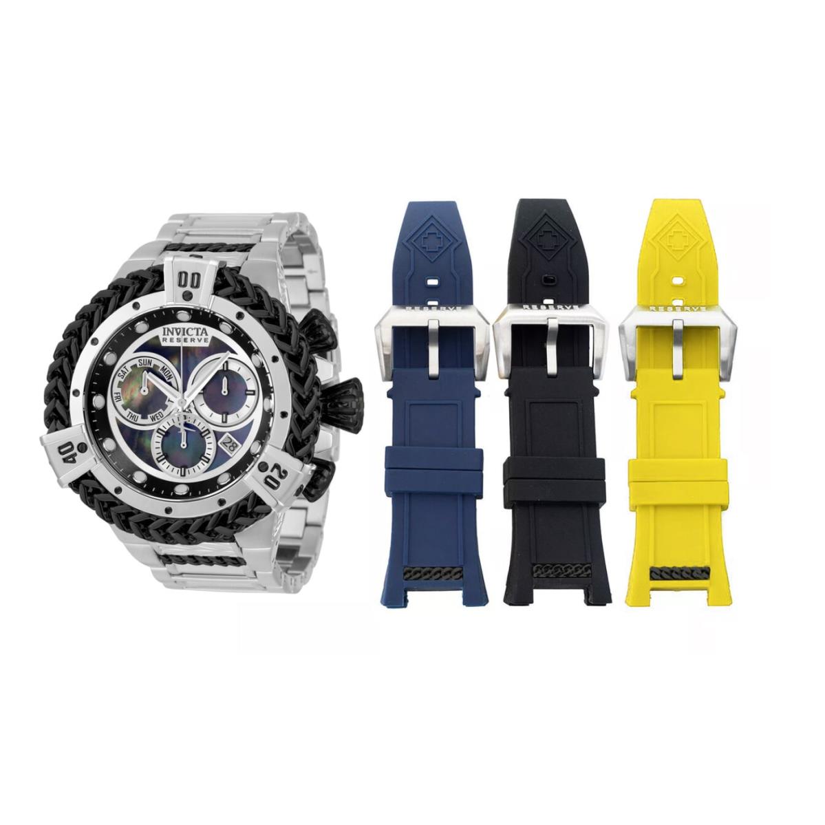 Invicta Reserve Bolt Hercules Men`s 56mm Mop Swiss Chrono Watch Band Set 33709 - Dial: Black, Band: Black, Bezel: Silver