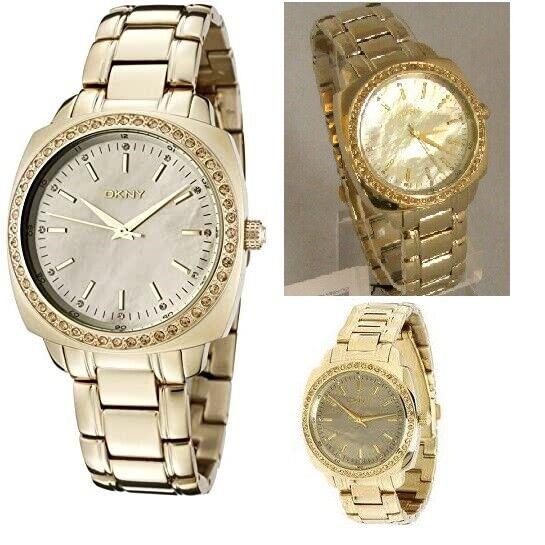 Dkny Gold Tone Stainless Steel Mop Mother OF Pearl Dial Crystal Watch NY8003