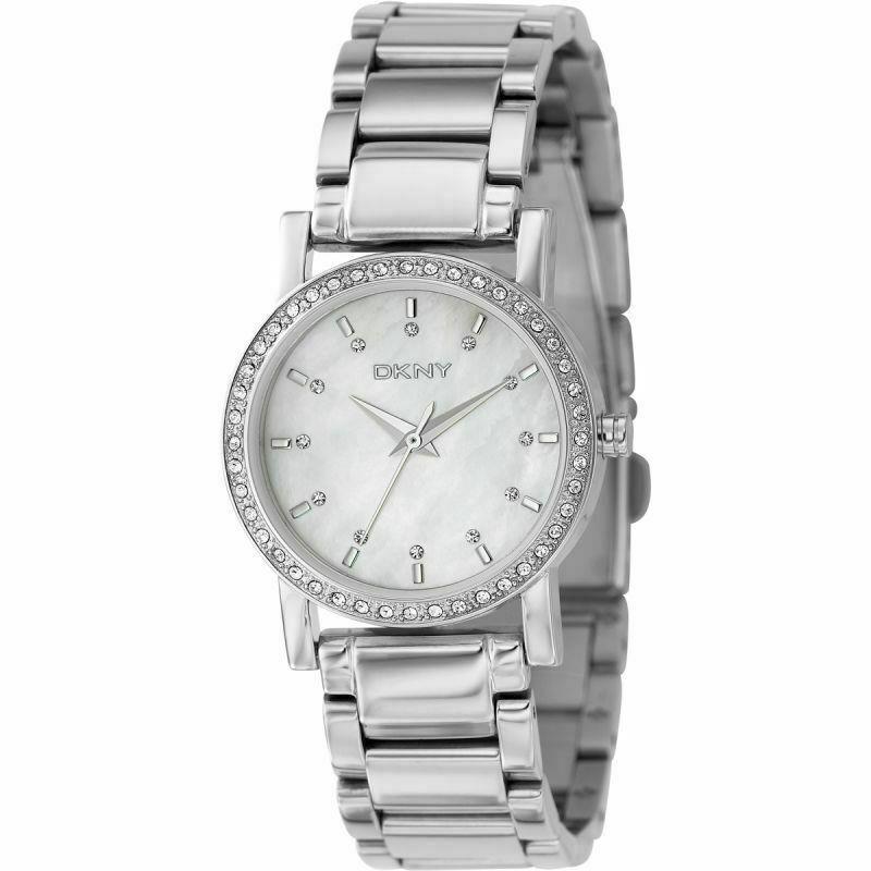 Dkny Silver Tone S. Steel Pave Crystal Small White Mop Dial Watch NY4791