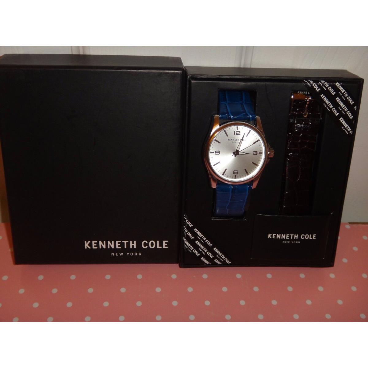 Kenneth Cole Gift Set Mens Silver Watch Two Straps Blue Brown Leather 10031385