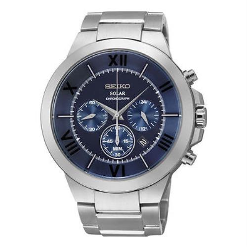 Seiko Men`s Solar Chronograph Blue Dial Stainless Steel Watch SSC281