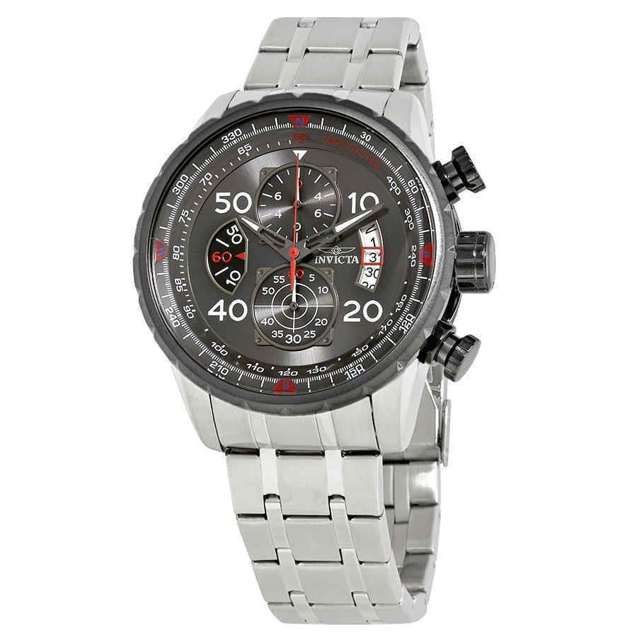 Invicta Aviator Chronograph Dark Grey Dial Men`s Watch 17204 - Dial: Black, Band: Silver, Bezel: Silver-tone